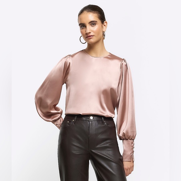 River Island Beige Satin Long Sleeve Blouse - Picture 2 of 5